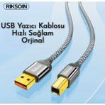 Riksoin 3-Metre Usb-A To Usb-B 2.0 Yazıcı Kablosu Ce Lisanslı Hasır Örgülü Sağlam Kablo - 3 m - Siyah - Gri
