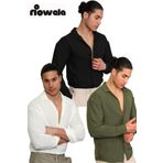 Riowela Erkek Yazlık Dokulu Oversize Gömlek Siyah-beyaz-haki 3'lü Paket