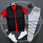 Risil-Nu Company Basic Kapitone Yelek - Yazlık Eşofman Altı - T-Shirt 3'lü Alt Üst Takım - XL - Kırmızı - Gri