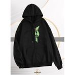 Risil-Nu Company Yeni Sezon Tam Fermuarlı Pamuklu Içi Şardonlu "baby Yoda" Baskılı Kapüşonlu Cepli Sweat Ceket - XL - Siyah