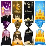 Risipu 100 adet Ramazan poşeti, Eid Mubarak dekorasyonu, 4 desenli Ramazan hediye torbası, baskılı desen, Ramazan dekoru, hediye çantası, selofan, altın kravatlı, parti torbaları