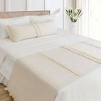 Ritmo Home Yatak Runner & Iç Dolgulu Kırlent Seti Çift Kişilik Püsküllü Saçaklı Krem - 70 x 240 cm