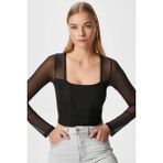 Ritnice Kadın Alina Korse Görünümlü Siyah Tül Crop Bluz
