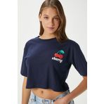 Ritnice Kadın Cute Kiraz Baskılı Lacivert Crop T-Shirt