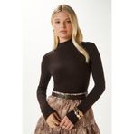 Ritnice Kadın Feel Lux Touch Dik Yaka Kahverengi Uzun Kol Soft Bluz