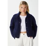Ritnice Kadın Lean Yumuşak Doku Polo Yaka Lacivert Basic Triko Hırka HI00179