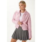 Ritnice Kadın Lean Yumuşak Doku Polo Yaka Pembe Basic Triko Hırka HI00179