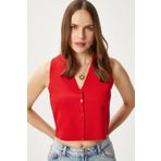 Ritnice Kadın Petite Çıtçıtlı Crop Kırmızı Triko Yelek