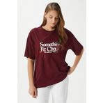 Ritnice Kadın Something Kiraz Baskılı Bordo Oversize T-Shirt