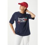 Ritnice Kadın Something Kiraz Baskılı Lacivert Oversize T-Shirt
