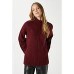 Ritnice Kadın Wonder Yumuşacık Dik Yaka Bordo Yırtmaçlı Oversize Triko Kazak