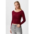 Ritnice Kayık Yaka Uzun Kollu Bordo Soft Top / Bluz
