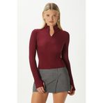 Ritnice Lithe Vucuda Oturan Yarım Fermuarlı Fitilli Bordo Bluz