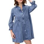 RIUIYELE Kadın Kot Gömlek Elbise 3/4 Uzun Kollu Düğmeli Babydoll Jean Gömlek Elbiseler, Açık Mavi, XS