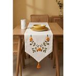 Rivaİstanbul Sarı Çiçek Nakışlı Vintage Keten Runner 35x140 Cm Krem