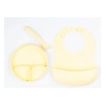 River World Vakumlu Tabak-Diş Kaşıyıcılı Kaşık ve Önlük 3 'lü Silikon Yemek Seti Sarı Renk - 1