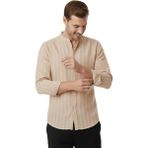RizzUP Bej Çizgi Dokulu Hakim Yaka Rahat Kalıp Kırışık Viskon Keten Erkek Gömlek 2602621 - 2XL