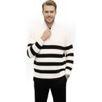 Rizzup Erkek Ekru Yarım Fermuarlı Oversize Kesim Triko Kazak Pamuklu Yumuşak Örgü Çizgili Kazak 2608513 - 2XL