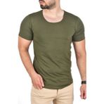 RizzUP Erkek Haki Slim Fit %90 Pamuk Açık Yaka Oval Kesim Likralı Basic Tişört 1801199