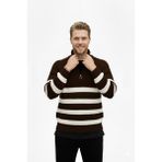 Rizzup Erkek Kahve Yarım Fermuarlı Oversize Kesim Triko Kazak Pamuklu Yumuşak Örgü Çizgili Kazak 2608513 - 2XL