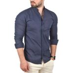 Rizzup Erkek Lacivert Slim Fit Dar Kesim Keten Gömlek Hakim Yaka Pamuklu Keten Spor Gömlek 2201895 - 2XL