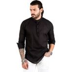 Rizzup Erkek Siyah Yarım Düğmeli Hakim Yaka Flamlı Keten Gömlek 2201914 - 3XL