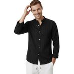 RizzUP Siyah Çizgi Dokulu Hakim Yaka Rahat Kalıp Kırışık Viskon Keten Erkek Gömlek 2602621 - 2XL