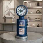 RK66 Mavi Retro Route 66 Benzin Pompası 35 cm Metal Masa Saati Nostaljik Hediyelik Ofis Hediyesi
