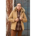 Rmg Kapşonlu Parlak Kumaş Büyük Beden Camel Şişme Mont