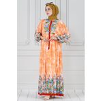 Robalı Manolya Viskon Elbise-Turuncu