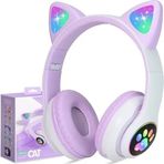 Robeve Kedi LED Işıklı Mor Bluetooth Kulaklık