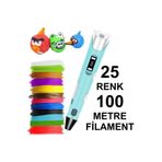 Robobloq Mavi 3D Kalem Yazıcı + 25 Renk 100 m Pla Filament