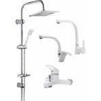 Robot Duş Seti Mix Takım Evye-Lavabo-Banyo Bataryası 4 Lü Set Beyaz Kuğ Set