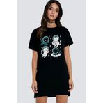 ROCKANDROLL Astro Kediler Siyah Kısa Kollu Penye Kadın T-shirt Elbise