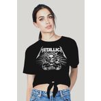 ROCKANDROLL Metallica Kurukafa Siyah Kesik Crop Top Bağlı Kadın | Bayan Tişört