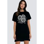 ROCKANDROLL Yaz Çiçekleri Siyah Kısa Kollu Penye Kadın T-shirt Elbise