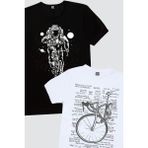 Rock&Roll Bisikletli Astronot, Yarış Bisikleti Yazılar Beyaz Erkek 2'li Eko Paket T-Shirt - XL - Siyah - Beyaz