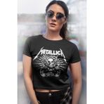 Rock&Roll Metallica Kurukafa Siyah Kısa, Kesik Crop Top Kadın Tişört