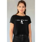 Rock&Roll Uzayda Kaykay Siyah Kısa Kesik Crop Top Kadın T-Shirt - M