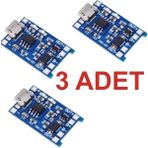Rodevino 3 Adet Tp4056 Mikro Usb Akım Korumalı 1a 3,7v Lityum Pil Şarj Devresi