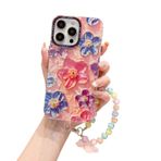 Rokmym Cep telefonu zinciri kılıf iPhone 15 Plus ile uyumlu renkli vintage yağlı boya çiçek cep telefonu kılıfı metal çerçeve şekli yumuşak TPU kılıf ultra ince silikon kılıf darbeye dayanıklı kız