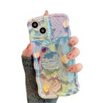 Rokmym Kılıf mitiPhone 15 Pro Vintage Yağlı Boya Çiçek Cep Telefonu Kılıfı Dalgalı Çerçeve Şeklinde TPU Yumuşak Silikon Koruyucu Kılıf Ultra İnce Çizilmez Darbeye Dayanıklı Kılıf Kapak, Mavi Mor