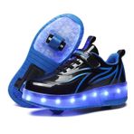 Roller&Skates Unisex çocuk LED renk-tam yüksek top USB şarj edilebilir eğitmen tekerlekli paten ayakkabı çift tekerlekli geri çekilebilir eğitmenler jimnastik koşu spor ayakkabı erkek kızlar için, Mavi 2166 Çift