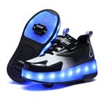 Roller&Skates Unisex çocuk LED renk-tam yüksek top USB şarj edilebilir eğitmen tekerlekli paten ayakkabı çift tekerlekli geri çekilebilir eğitmenler jimnastik koşu spor ayakkabı erkek kızlar için, Siyah E68 Çift