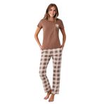 Rolypoly Kadın Pijama Takımı, Kahverengi, Kısa Kollu, Ekose Desenli, XL Beden