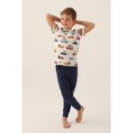 RolyPoly Roly Poly Premium Erkek Çocuk Araba Desenli Rahat Kesim Pamuklu Kısa Kollu Pijama Takımı - 4 - 5 Yaş - Krem