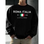 Roma Italia EST.753 Baskılı Kazak Erkekler Bisiklet Yaka Polar Giyim Gevşek Sonbahar Kazaklar - Siyah - 3XL