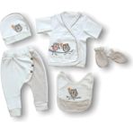 Romantik Çift Baykuş Nakışlı %100 Cotton Antibakteriyel 5li Zıbın Takımı Hastane Çıkışı - Yenidoğan - Ekru