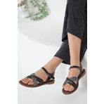 Rome Slippers RT-220707 Siyah - Gümüş Hakiki Deri Günlük Kadın Sandalet