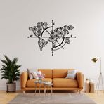ROMIA Dünya Haritası Pusula Tasarımlı Metal Duvar Sanatı, 61 x 61 cm, Modern Geometrik Duvar Dekoru, Siyah Mat Kaplama